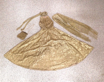 4 piece Vintage Midcentury Ballgown Gold Metallic set full length w wrap, scarf, and handbag made in Italy great unique formal prom dress