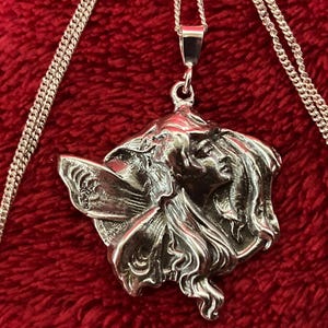 Old Sterling silver Art Nouveau revival repousse butterfly wing fairy pendant necklace with new 18&quot; chain