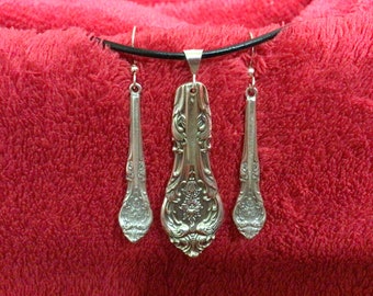 Sterling silver 1936 Gorham King Edward antique bridal spoon silverware earrings and pendant set handmade in USA