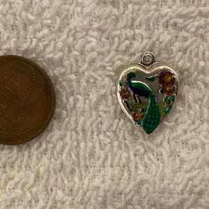 Old Sterling Silver Puffy Heart Enameled Peacock in garden Bracelet Charm