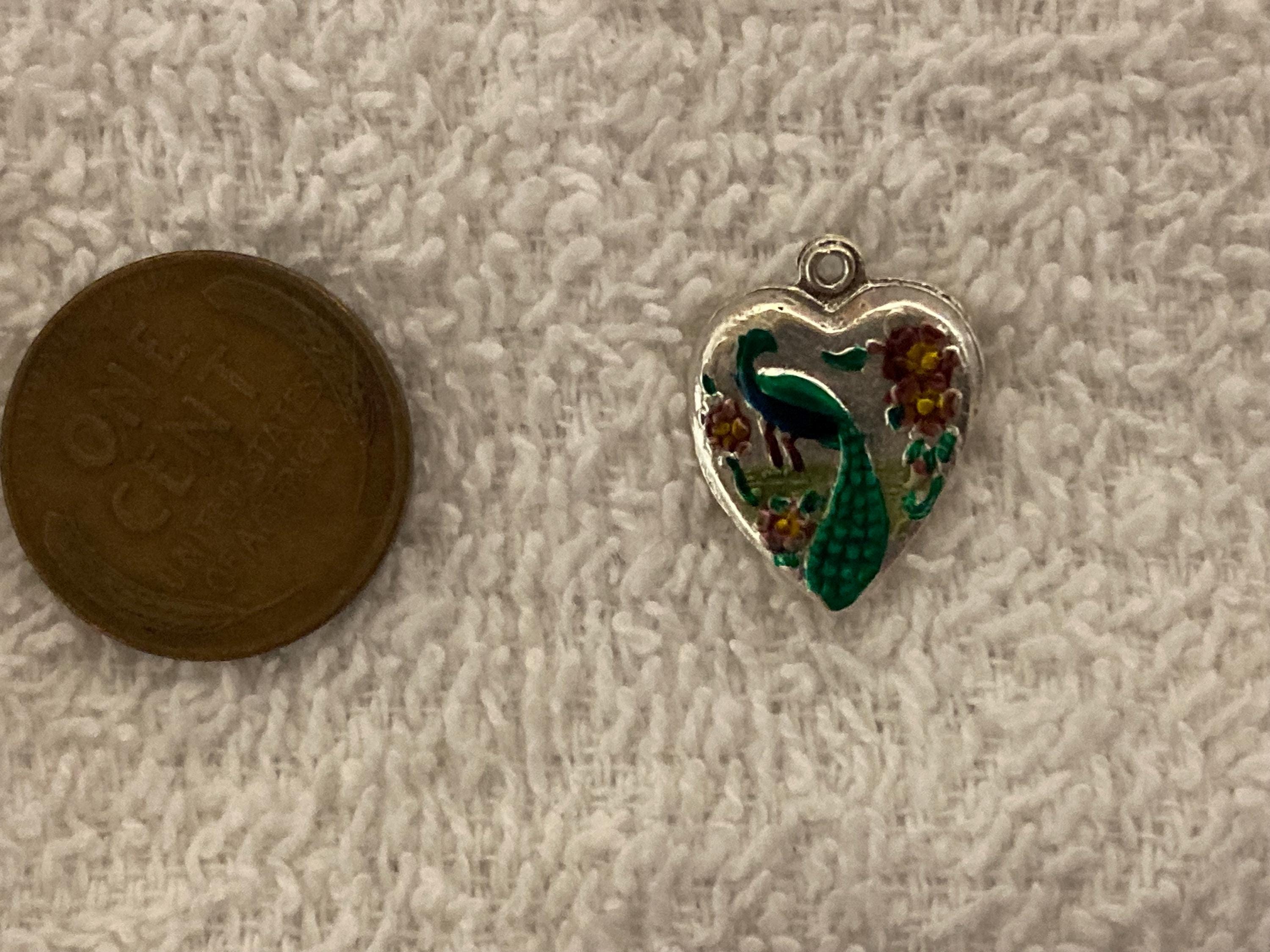Old Sterling Silver Puffy Heart Enameled Peacock in garden Bracelet Charm