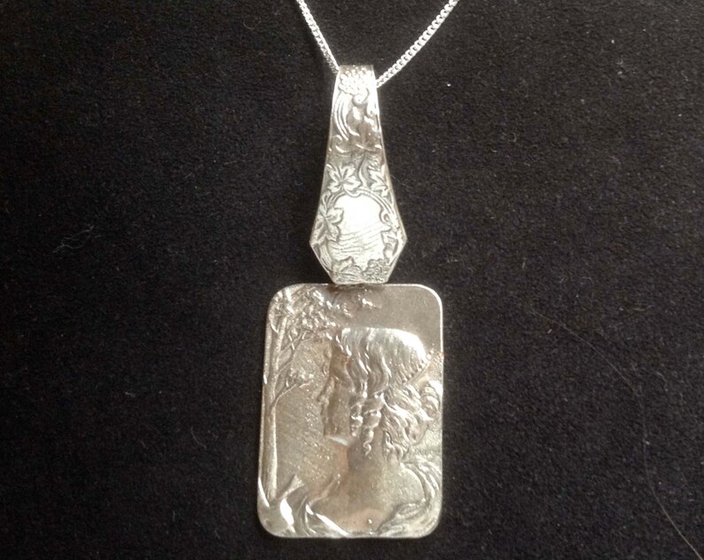 Sterling silver Art Nouveau rectangle Cameo pendant antique silverware spoon and estate fob custom assemblage 18 necklace