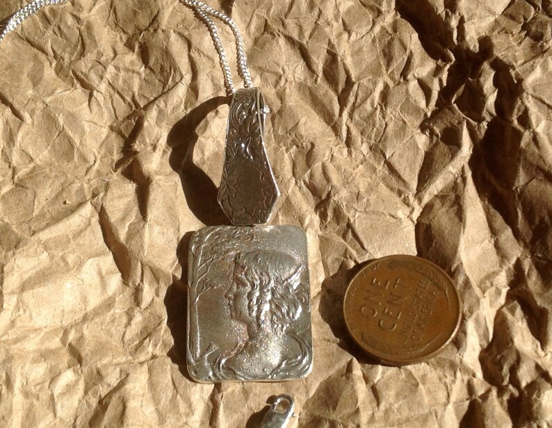 Sterling silver Art Nouveau rectangle Cameo pendant antique silverware spoon and estate fob custom assemblage 18 necklace