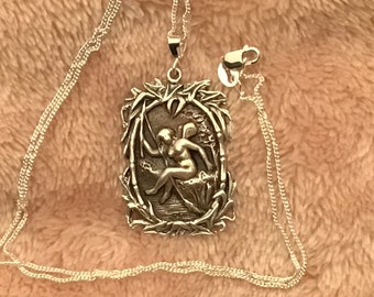 Sterling silver art nouveau revival nude forest fairy scene pendant 18" necklace