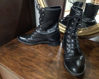 Vintage 1980’s Justin Women's Kiddie Lace-R Black Leather 8" Lace Up Roper Boots L0506 Size 7C