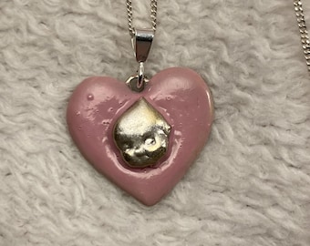 Rare Rose O'Neill heart Kewpie Baby Doll Face Sterling silver enameled Charm Pendant 18” necklace Vintage Jewelry Kitsch