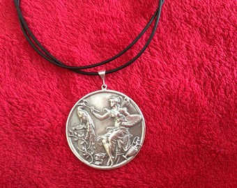 Art Nouveau revival Sterling silver art nouveau fairy artist vintage button pendant charm medal 20” necklace