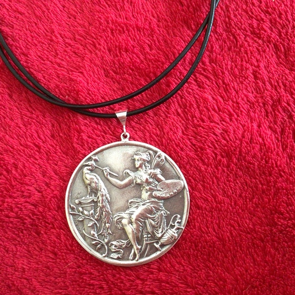 Art Nouveau revival Sterling silver art nouveau fairy artist vintage button pendant charm medal 20” necklace