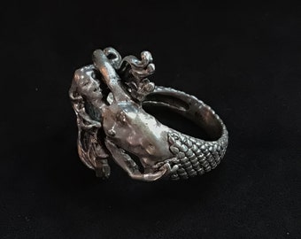 Heavy Sterling silver hand carved Nude Mermaid lady woman ring handmade fantasy sculpture beach ocean jewelry hand crafted in USA