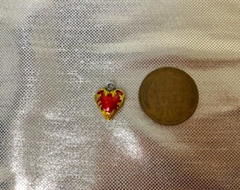 Old Sterling Silver Miniature Puffy Heart Enameled red and gold Bracelet Charm