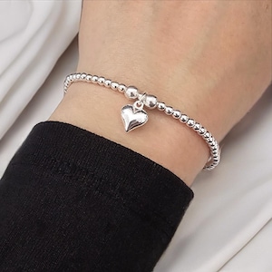 Sterling Silver Heart Charm Stretch Bracelet - 925 Silver