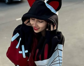 Bluza z kapturem z dużymi kocimi uszami: Streetwear w stylu anime, ręcznie robiona mieszanka bawełny