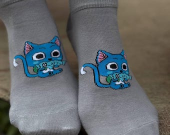 Happy Fairy Tail Socks: Blue Cat Anime Socks - Otaku Gift