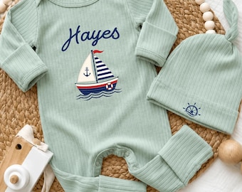 Nautical Baby Boy Coming Home Outfit, Custom Name Little Sailor Homecoming Bodysuit and Hat, Newborn Hospital Romper