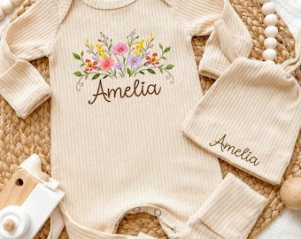 Personalized Wildflower Baby Girl Coming Home Outfit, Custom Newborn Homecoming Ribbed Bodysuit and Hat Set