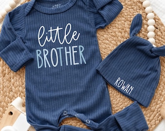 Custom Little Brother Coming Home Outfit, Personalized Ribbed Knotted Bodysuit and Hat Set, Newborn Homecoming Gift