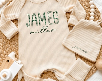 Personalized Baby Coming Home Outfit, Custom Name Cotton Bodysuit & Hat Set, Newborn Boy Clothes