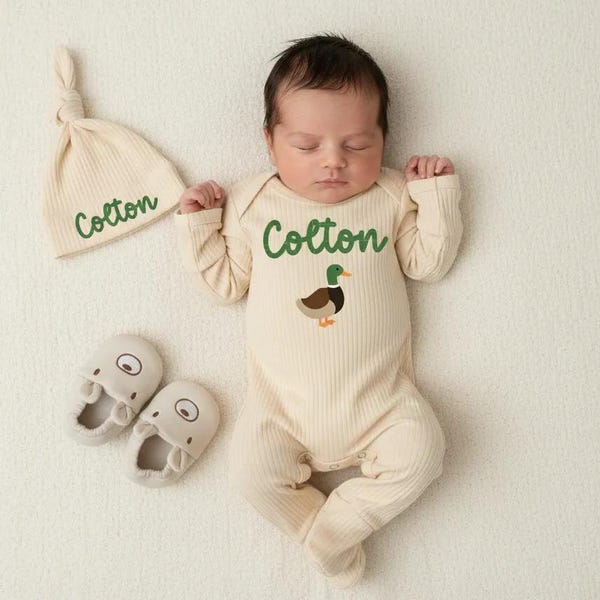 Personalized Duck Baby Romper, Custom Name Newborn Outfit, Neutral Baby Gift, Baby Shower Gift, Ribbed Cotton