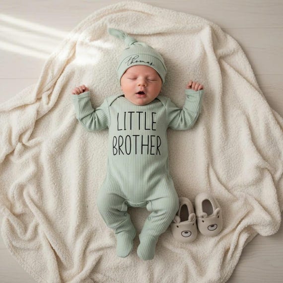 Little Brother Coming Home Outfit, Personalized Baby Boy Long Sleeve Bodysuit with Hat, Newborn Coming Home Set, Soft Cotton Spandex Romper