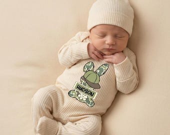 Personalized Camo Easter Newborn Bodysuit, Custom Name Baby Bunny Outfit, Hunting Easter Baby Boy Gift, Country Baby Romper