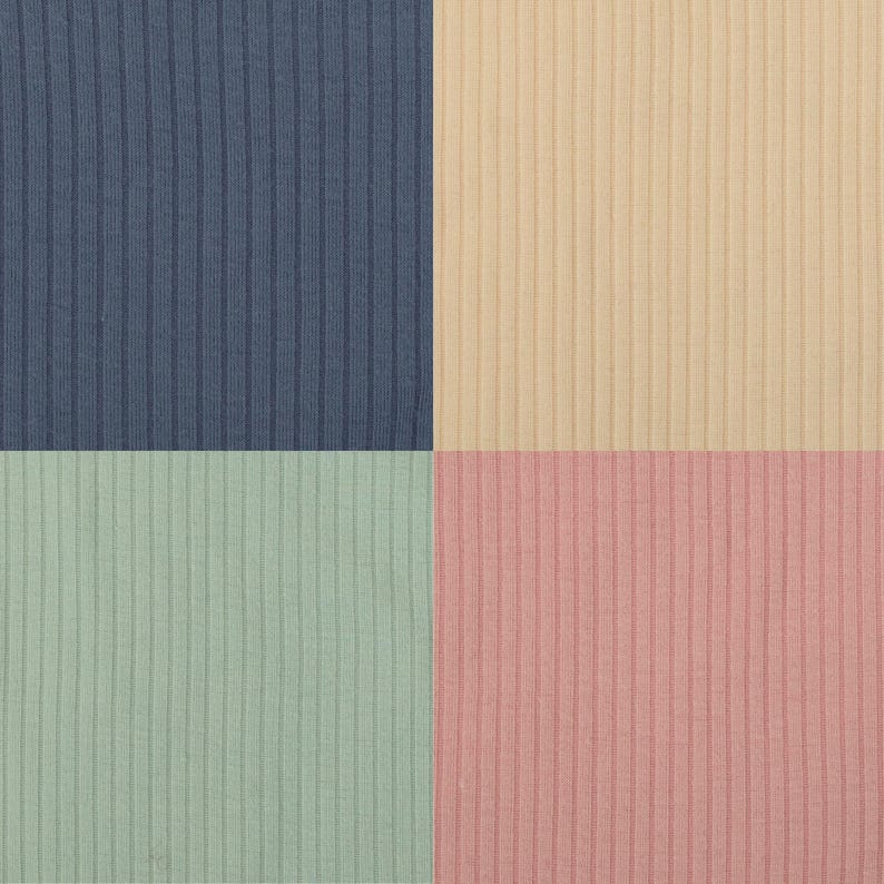 Pu&ograve; includere: Una griglia di quattro campioni di tessuto con una trama a coste verticali. Il quadrante in alto a sinistra &egrave; blu navy scuro, quello in alto a destra &egrave; beige chiaro, quello in basso a sinistra &egrave; verde salvia e quello in basso a destra &egrave; rosa antico.