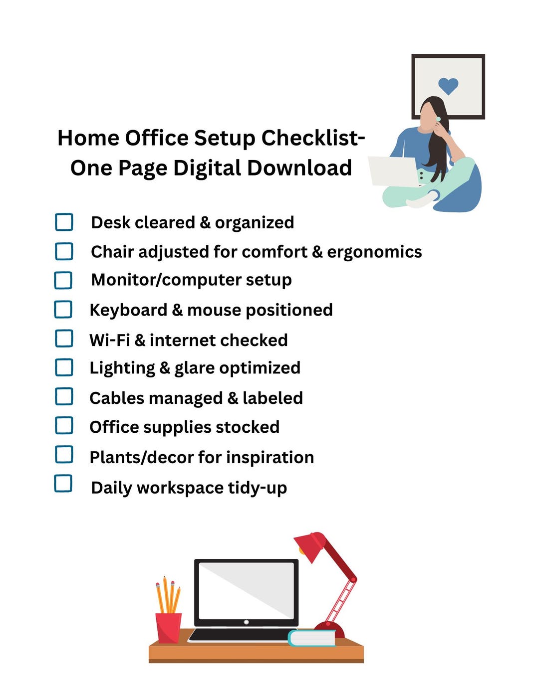 Home Office Setup Checklist – One Page Printable Digital Download