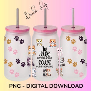 Cute Cat Png Glass Wrap, Cat Libbey Glass Wrap, 16 Oz Glass Can Wrap PNG, Glass Tumbler Wrap, Glass Can Sublimation, transparent background