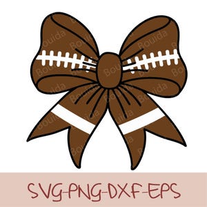 May include: A brown bow design with white stripes and stitching, resembling a football. The bow has a dark outline and is set against a white background. The text "SVG-PNG-DXF-EPS" is at the bottom.