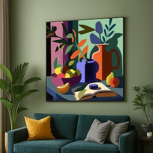 Tela moderna con natura morta, decorazione murale con fruttiera colorata, decorazione astratta con vaso floreale, tela per cucina e sala da pranzo, decorazione contemporanea per la casa
