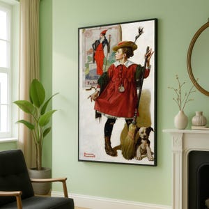 Lienzo vintage de Norman Rockwell: Chica con escoba y perro, arte mural clásico americano, decoración retro para el hogar, impresión rústica en lienzo, nostálgico.