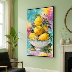 Limoni freschi in una ciotola vintage su tela, decorazione murale con agrumi, decorazione da cucina su tela, natura morta floreale colorata, decorazione estiva per la casa