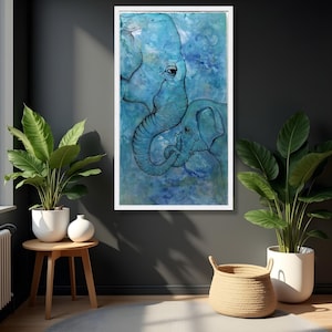 Tela con tenero elefante e amore, decorazione murale con animali blu, mamma elefante e cucciolo, tela con animali selvatici, decorazione per la casa commovente