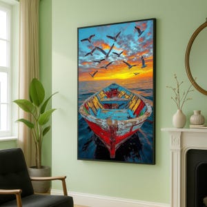 Tela rustica con barca colorata, gabbiani che volano sull'oceano, tramonto vibrante, tela con paesaggio costiero, arredamento nautico per la casa