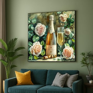 Elegante bottiglia di champagne con spumante su tela, classica decorazione murale floreale con rose, sofisticata decorazione per sala da pranzo, natura morta vintage con alcolici