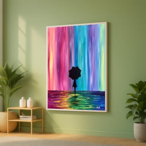 Colorful Rain Night Canvas, Silhouette with Umbrella Wall Art, Abstract Rainbow Rainfall Painting, Modern Home Decoration, Ready to Hang