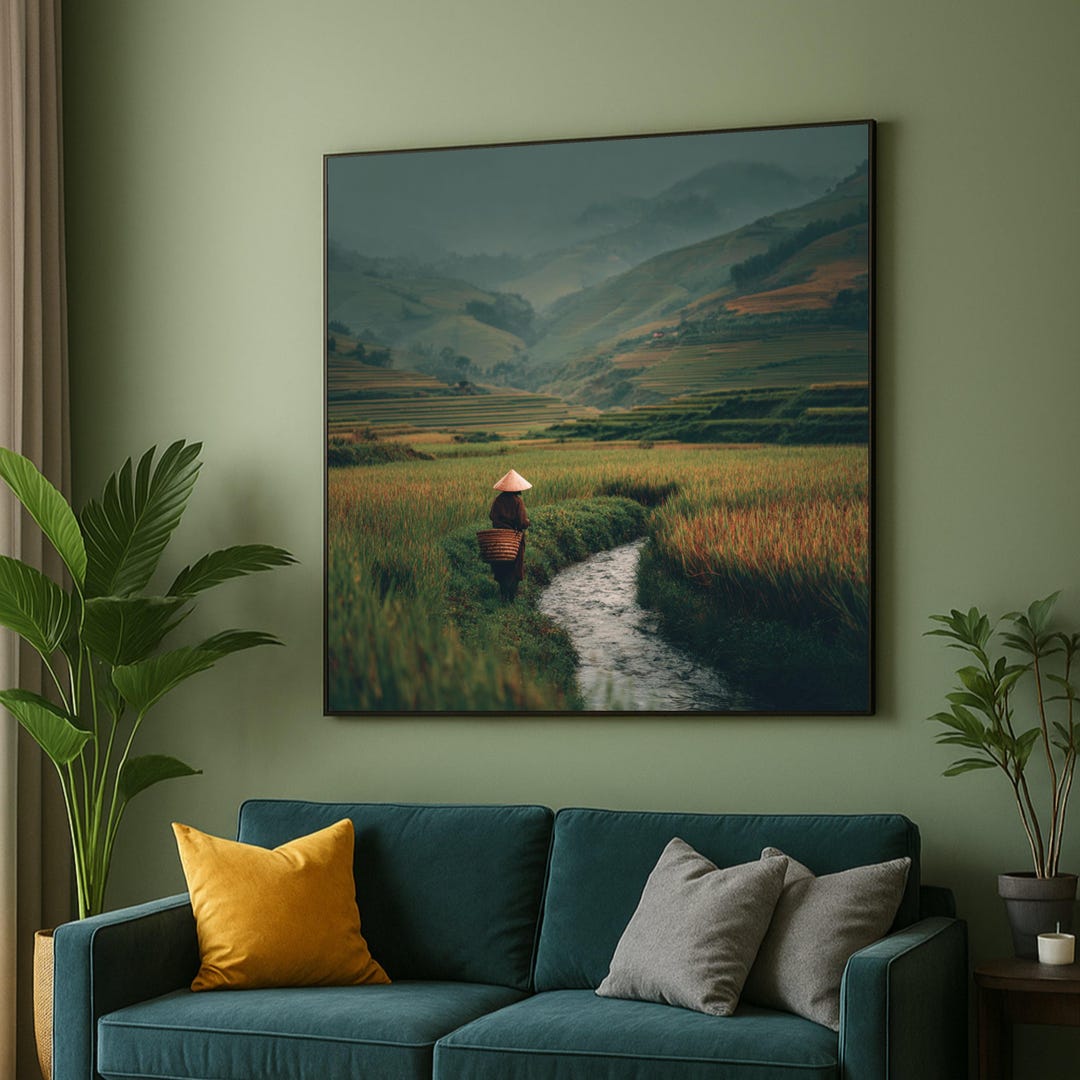 Cagbas Rice Field Tranquil Rice Field Pathway Canvas, Asian Countryside Landscape, Farmer ...