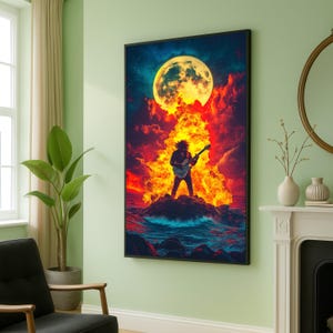 Fiery Rock Guitarist Canvas, Electric Guitar Wall Art, Full Moon Night Scene, Music and Flame Canvas, Bold Home Decoration Artwork