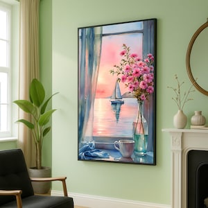 Quadro su tela con vista sull'oceano sereno, barca a vela al tramonto, vaso floreale rosa, quadro da parete con scena di finestra, decorazione per la casa in stile costiero, quadro su tela con vista sul mare calmo