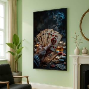 Toile poker vintage quinte flush royale, oeuvre d'art murale cartes à jouer, décoration sur le thème du casino, oeuvre d'art ambiance fumeur, impression sur toile soirée jeux