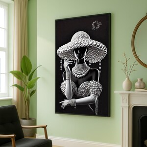 Elegante silhouette di donna nera, cappello di perle e tela con gioielli, arte murale alla moda, arredamento glamour di lusso, tela moderna in bianco e nero