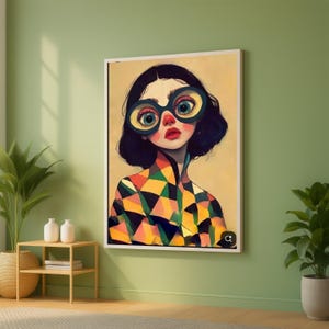 Lienzo con retrato caprichoso, obra de arte con gafas grandes, chaqueta geométrica colorida, decoración de pared de arte pop moderno, lienzo con expresión facial abstracta