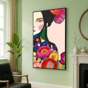 Lienzo de retrato abstracto moderno, arte floral colorido para pared, pintura de rostro femenino contemporáneo, lienzo vibrante para decoración del hogar, listo para colgar.