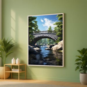 Ruhige Fluss Steinbrücke Leinwand, Natur Landschaft Wandkunst, Waldbach Szene, rustikales Outdoor Dekor, fertig zum Aufhängen Leinwanddruck