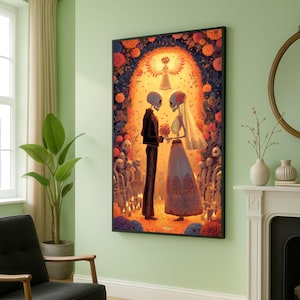 Matrimonio romantico con scheletro, tela per il Dia de los Muertos, arte del matrimonio messicano, celebrazione del Giorno dei Morti, tela con candele floreali