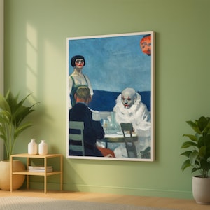 Edward Hopper, Melancholy Clown at Café Table Leinwand Wandkunst, Edward Hopper Stil, Vintage Figurative Malerei, Stimmungsvolle Innenszene, Zuhause