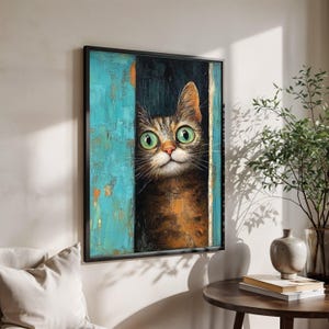 Curious Cat Peekaboo Canvas Wall Art, Green Eyed Cat Painting, Whimsical Animal Decor, Rustic Blue Door Artwork, Ready to Hang Canvas