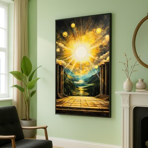 Quadro su tela "Radiante raggio di sole su antiche rovine", paesaggio mitologico, raggi di luce dorata, vista maestosa sulle montagne, arredamento mistico per la casa
