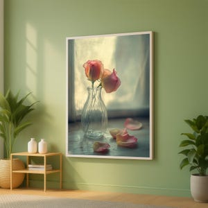 Tela con delicate rose rosa in vaso di vetro, natura morta floreale, decorazione da parete romantica per la casa, stampa su tela con fiori dalla luce soffusa