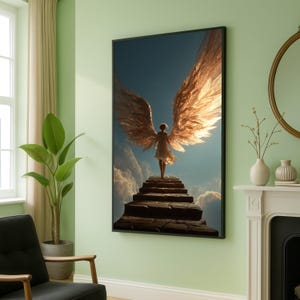 Angelic Woman with Golden Wings Canvas, Spiritual Wall Art, Heavenly Stairway Decor, Inspirational Home Decoration, Ethereal Fantasy Canvas