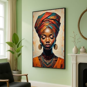 African Woman Portrait Canvas, Colorful Headwrap Wall Art, Ethnic Beauty Canvas, Boho Chic Home Decor, Modern Art Print, Ready to Hang